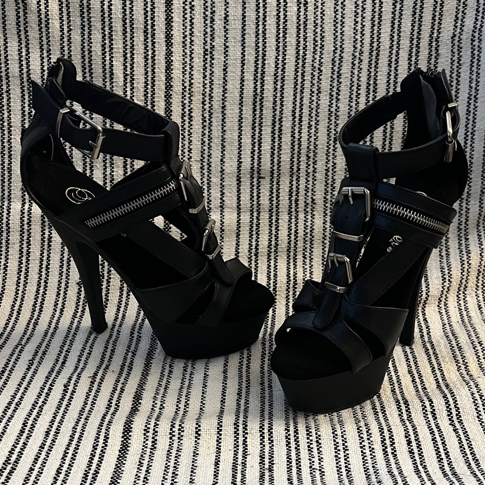 Pleaser Black Platform Stilettos with silver details